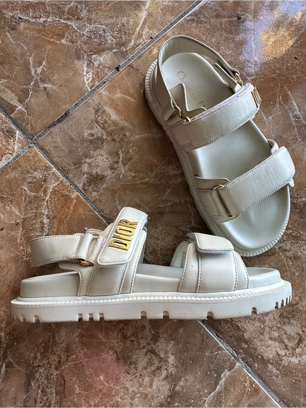 Dior Cream Velcro Platform Sandals with Gold Hardware